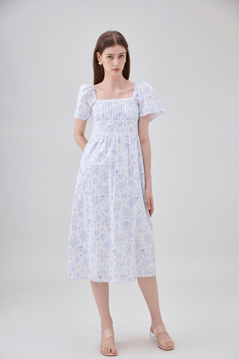Bristol Floral Ribbon Midi Dress In Blue