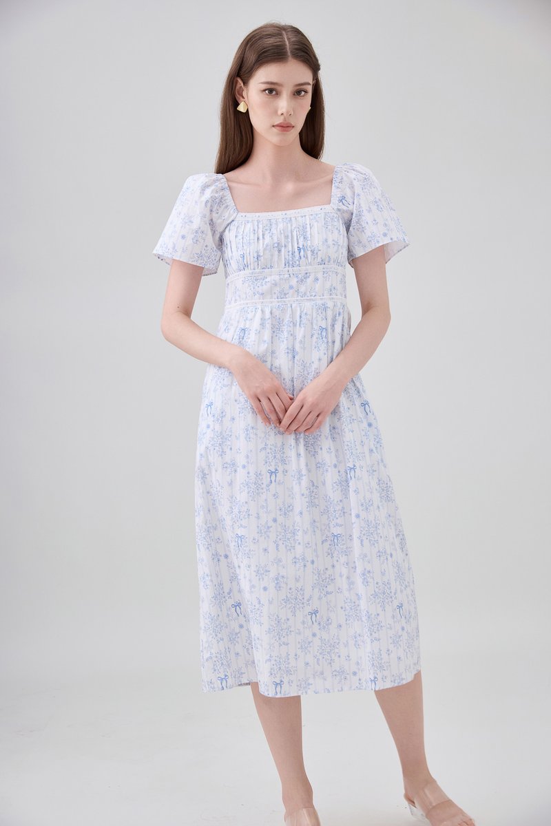 Bristol Floral Ribbon Midi Dress In Blue