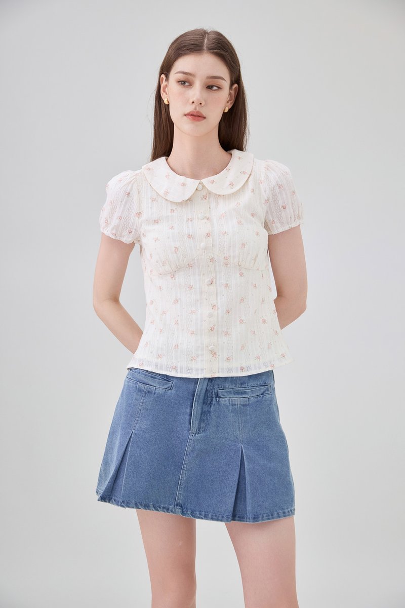 Ensley Pointelle Fleur Peter Pan Top In Cream