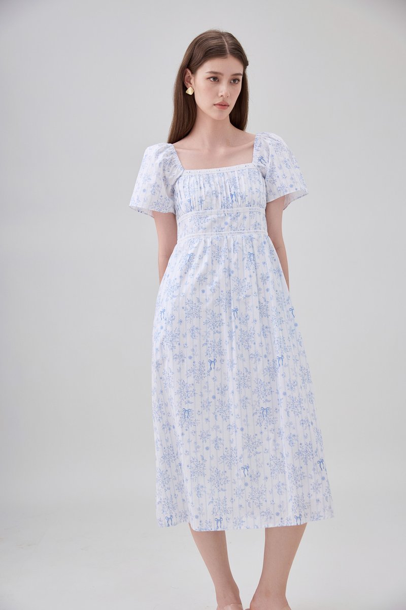 Bristol Floral Ribbon Midi Dress In Blue