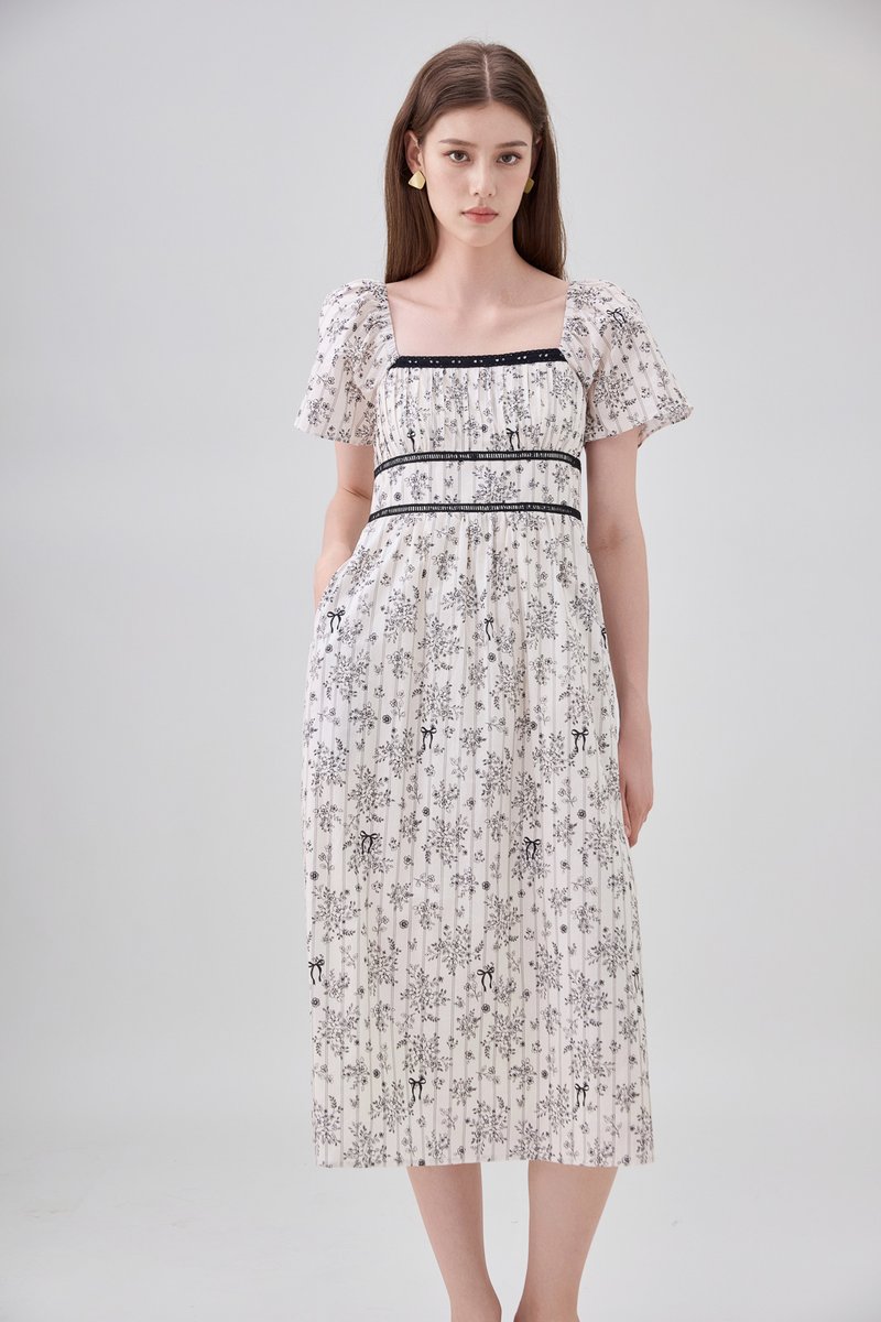 Bristol Floral Ribbon Midi Dress In Black