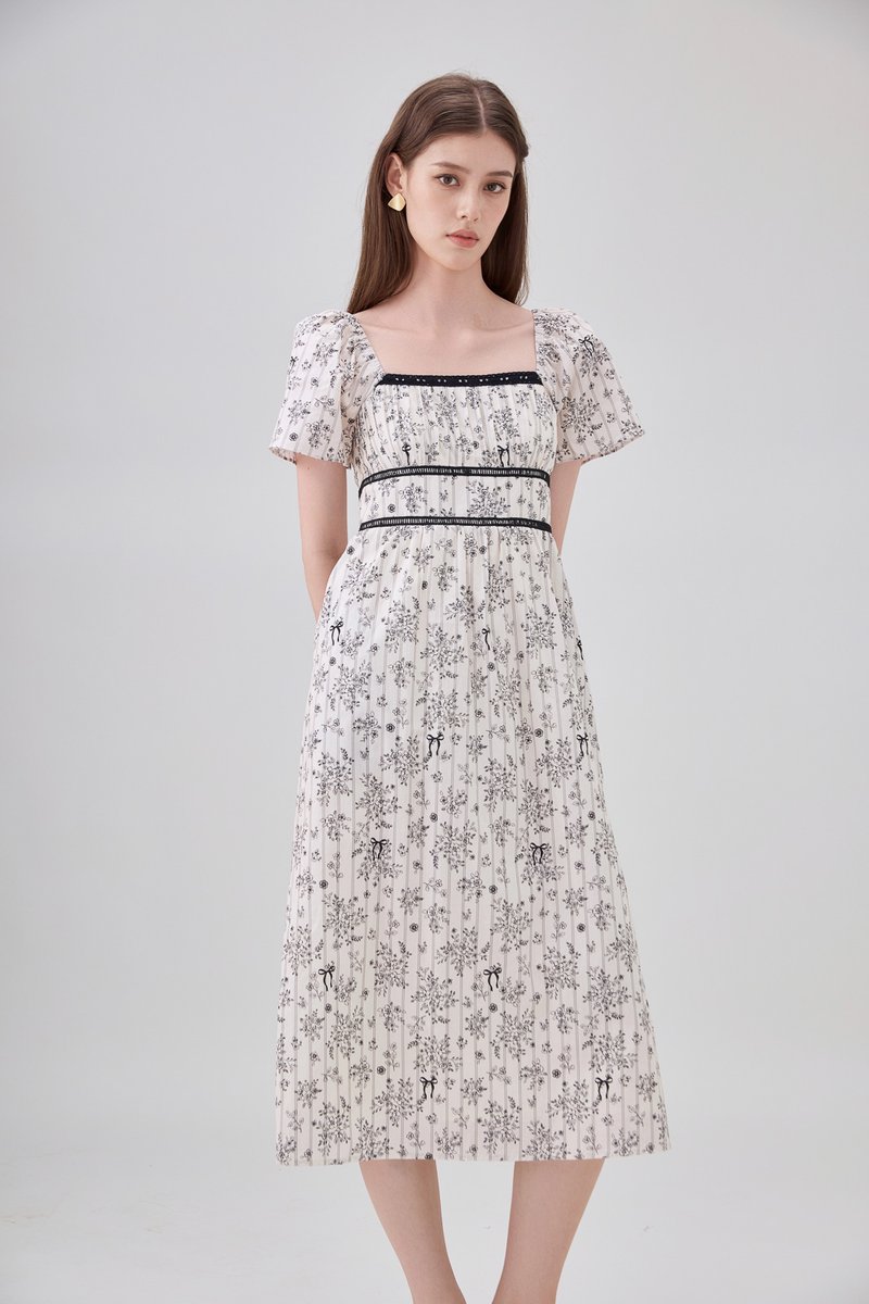 Bristol Floral Ribbon Midi Dress In Black