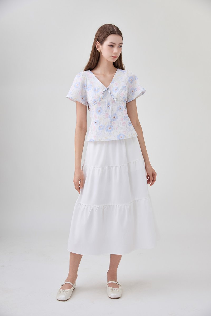 Reina Pastel Floral Ribbon Top In Soft Blue