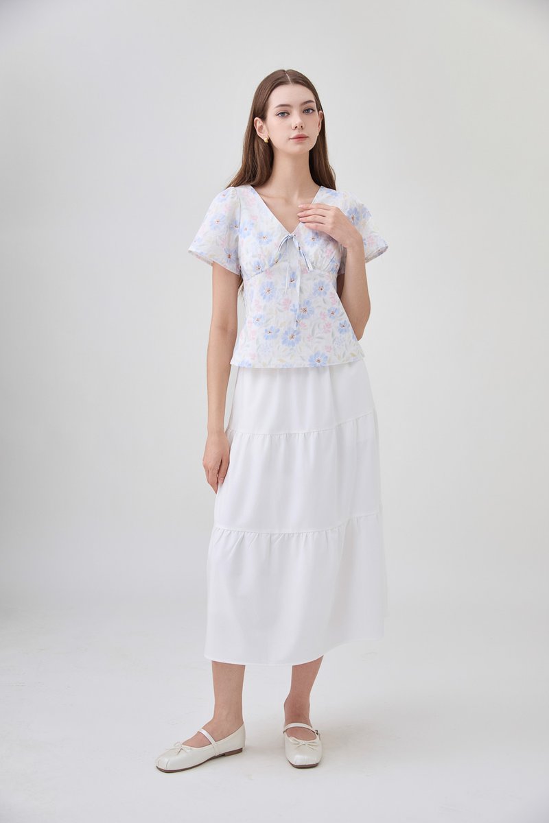 Reina Pastel Floral Ribbon Top In Soft Blue