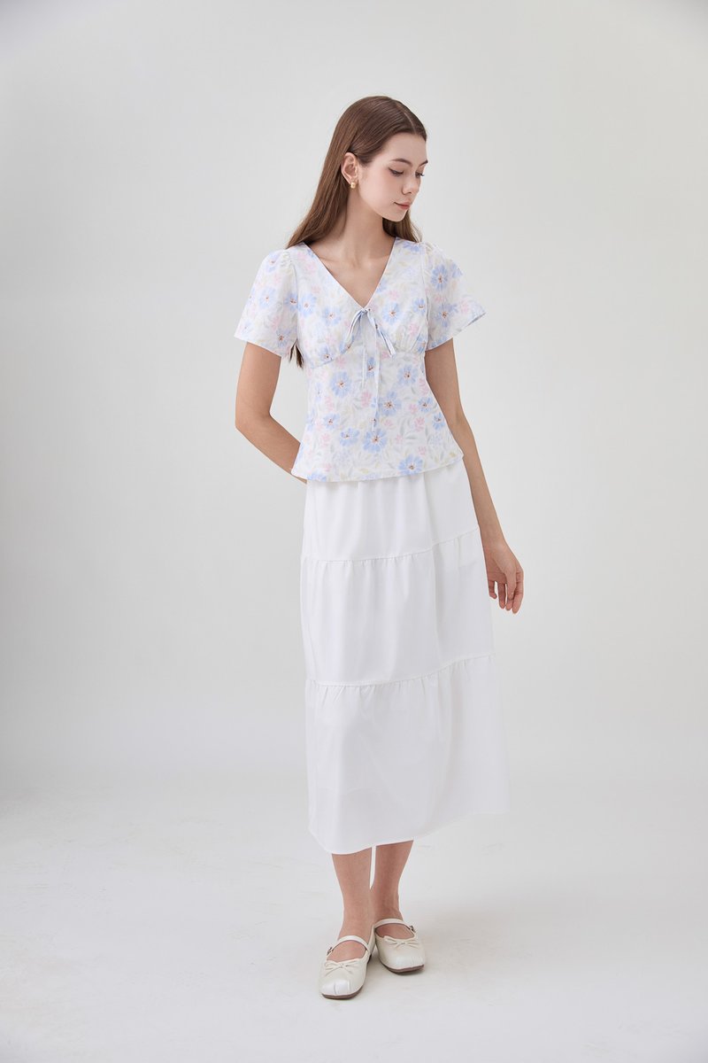 Reina Pastel Floral Ribbon Top In Soft Blue