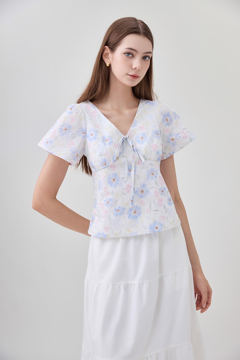 Reina Pastel Floral Ribbon Top In Soft Blue
