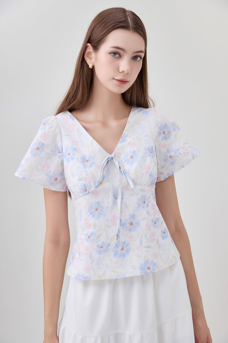 Reina Pastel Floral Ribbon Top In Soft Blue