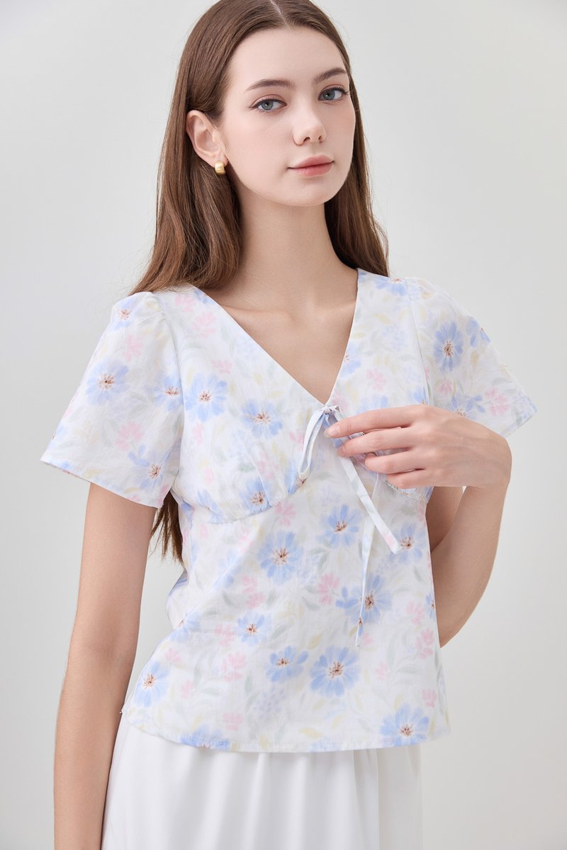 Reina Pastel Floral Ribbon Top In Soft Blue