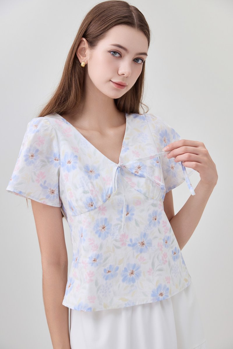 Reina Pastel Floral Ribbon Top In Soft Blue