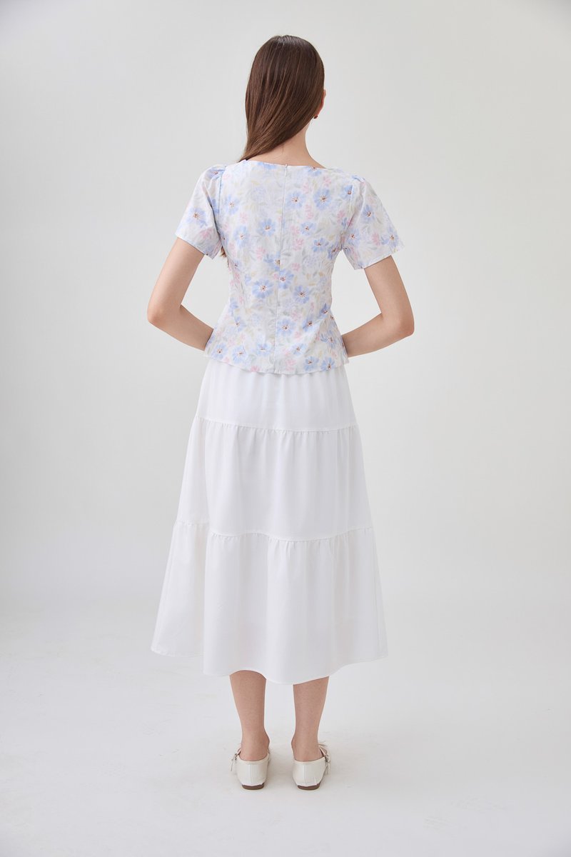 Reina Pastel Floral Ribbon Top In Soft Blue
