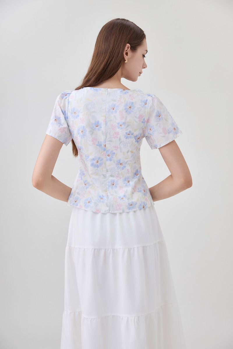 Reina Pastel Floral Ribbon Top In Soft Blue