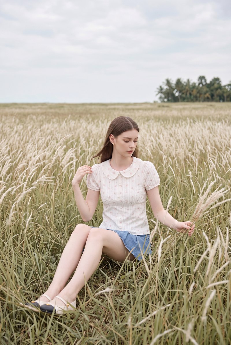 Ensley Pointelle Fleur Peter Pan Top In Cream