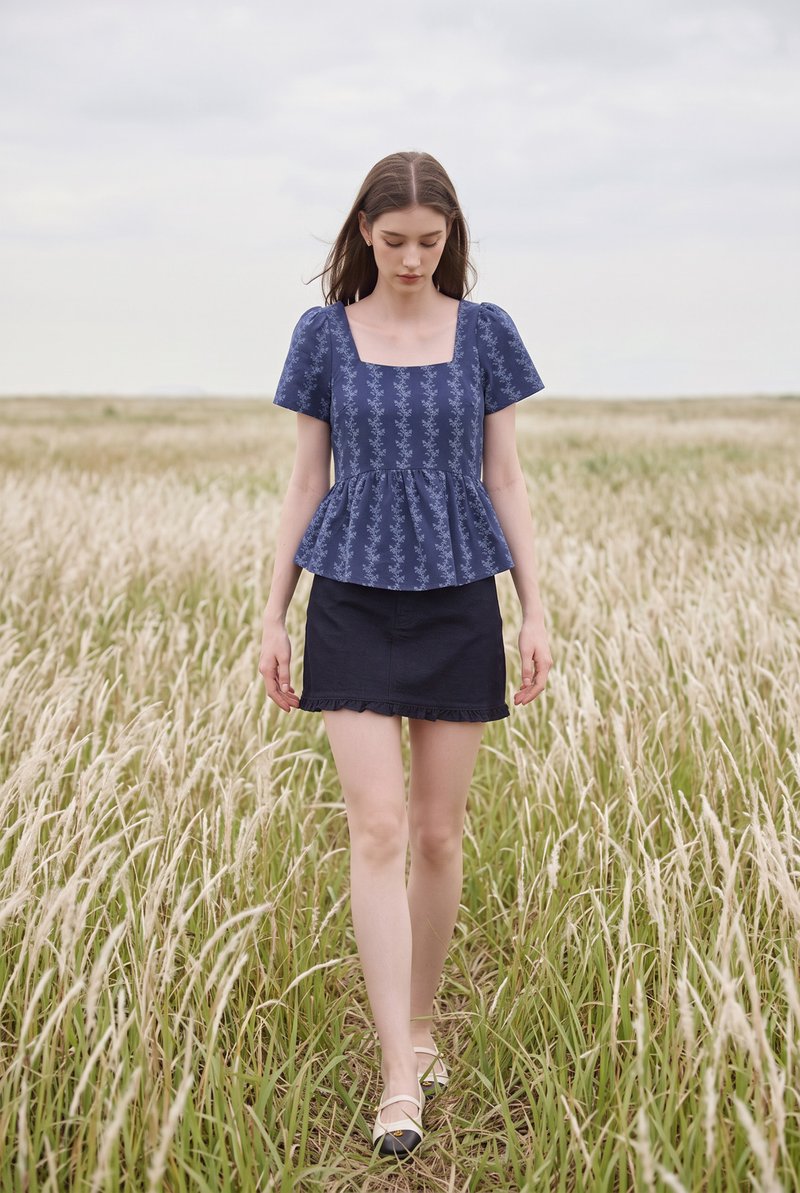 Celina Floral Vine Babydoll Top In Navy