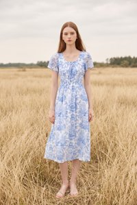 Arisbeth Toile Smocked Waist Ribbon Midi Dress