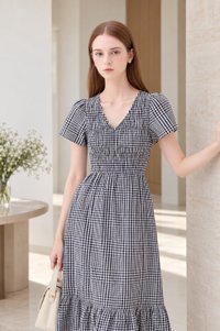 Brynlee Smocked Gingham Midi Dress In Black