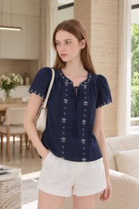 Bailey Embroidered Pintuck Ribbon Top In Navy