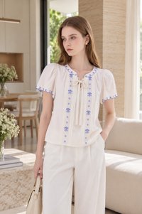 Bailey Embroidered Pintuck Ribbon Top In Off-White