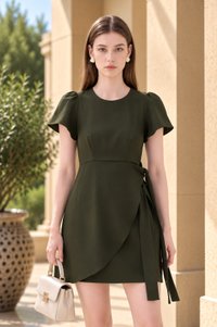 Alessia Faux Wrap Ribbon Dress In Olive