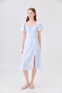 Soraya Ruched Floral Midi Dress In Soft Blue
