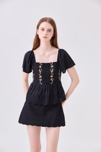 Rosalie Embroidered Eyelet Babydoll Top In Black