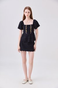 Rosalie Embroidered Eyelet Babydoll Top In Black