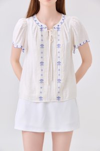 Bailey Embroidered Pintuck Ribbon Top In Off-White