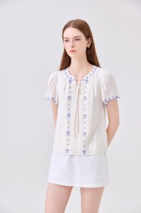 Bailey Embroidered Pintuck Ribbon Top In Off-White
