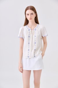 Bailey Embroidered Pintuck Ribbon Top In Off-White