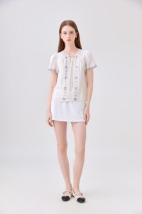Bailey Embroidered Pintuck Ribbon Top In Off-White
