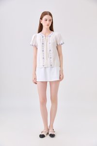 Bailey Embroidered Pintuck Ribbon Top In Off-White