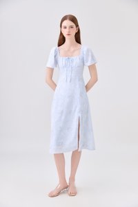 Soraya Ruched Floral Midi Dress In Soft Blue