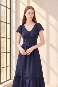 Florentine Empire Waist Pintuck Midi Dress In Navy