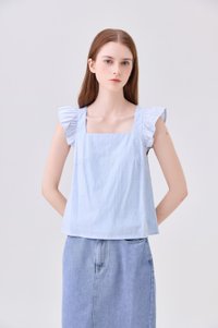 Delaney Swiss Dot Ruffles Top In Powder Blue