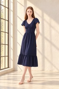 Florentine Empire Waist Pintuck Midi Dress In Navy