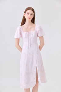Soraya Ruched Floral Midi Dress In Pink