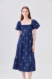 *ONLINE EXCLUSIVE* Elaina Embroidery Floral Crochet Midi Dress In Navy