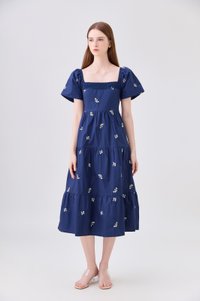 *ONLINE EXCLUSIVE* Elaina Embroidery Floral Crochet Midi Dress In Navy