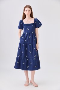 *ONLINE EXCLUSIVE* Elaina Embroidery Floral Crochet Midi Dress In Navy
