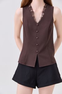 Lydia Lace Button Top In Espresso