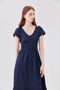Florentine Empire Waist Pintuck Midi Dress In Navy