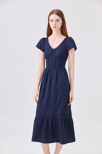 Florentine Empire Waist Pintuck Midi Dress In Navy
