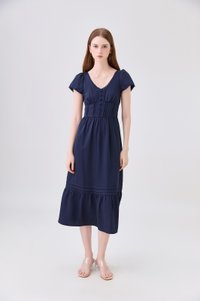 Florentine Empire Waist Pintuck Midi Dress In Navy