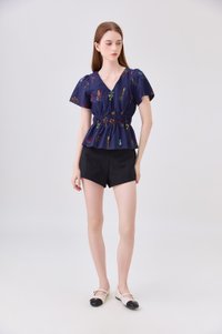 Aven Embroidered Floral Top In Navy