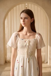 Fiora Embroidered Smocked Dress In Cream