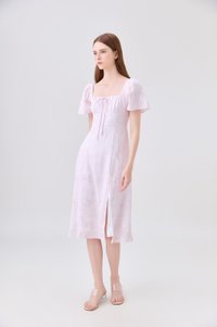 Soraya Ruched Floral Midi Dress In Pink