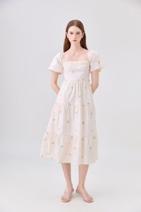 *ONLINE EXCLUSIVE* Elaina Embroidery Floral Crochet Midi Dress In Cream