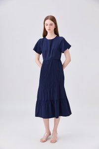 Teresa Pressed Pleat Midi Dress In Navy