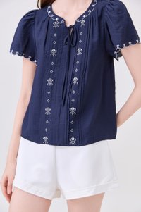 Bailey Embroidered Pintuck Ribbon Top In Navy