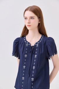 Bailey Embroidered Pintuck Ribbon Top In Navy