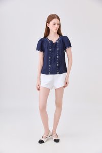 Bailey Embroidered Pintuck Ribbon Top In Navy